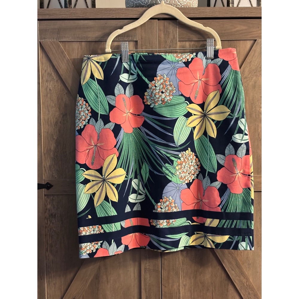 Talbots Womens 6 Navy Blue Tropical Floral Hibiscus Cotton Blend Pencil Skirt